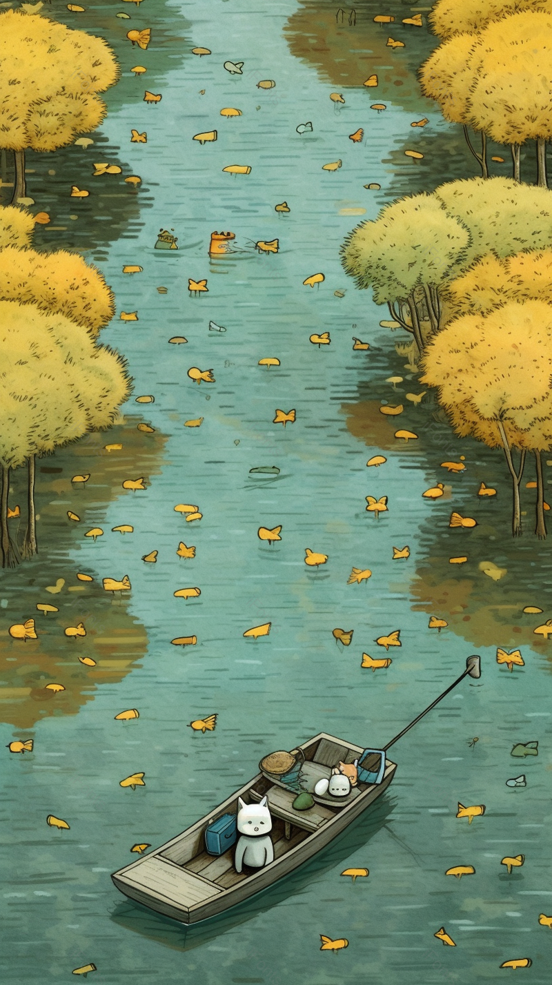 夏天夏日荷塘上漂浮的小舟与小猫创意手绘插画,插画/手绘图,插画/手绘图库,插画/手绘图下载,插画/手绘